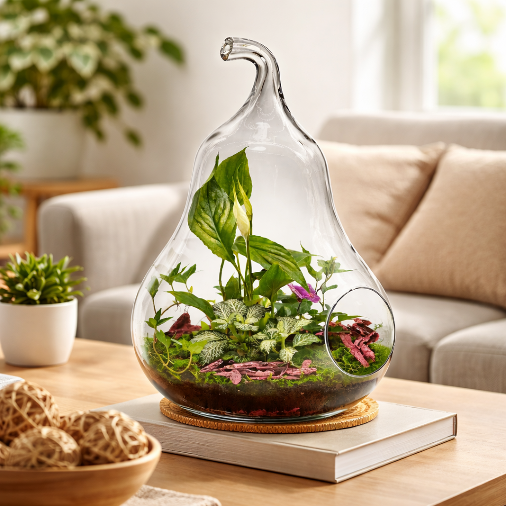 Otvorené rastlinné terárium v skle – hotová rastlinná kompozícia