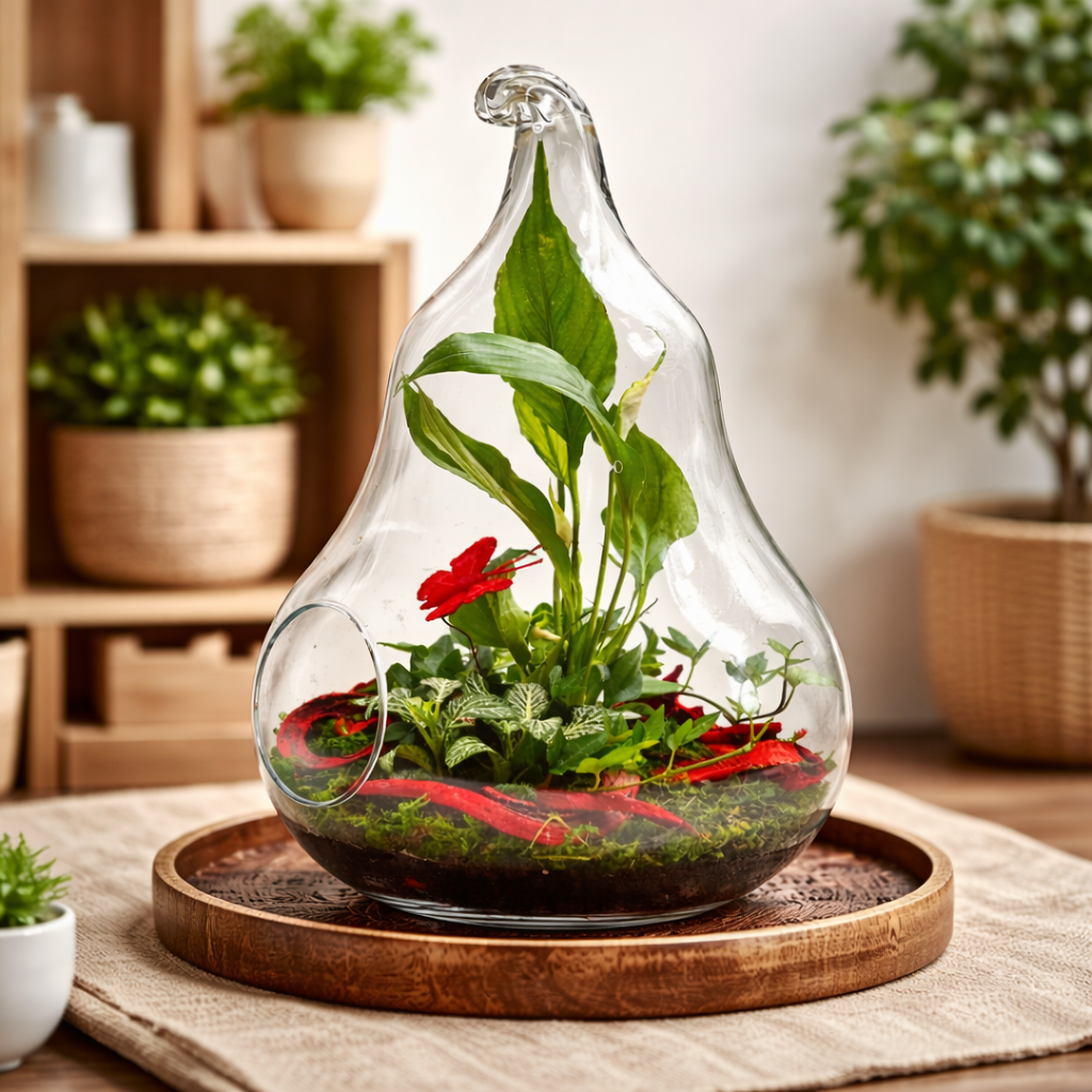 Otvorené rastlinné terárium v skle – hotová rastlinná kompozícia