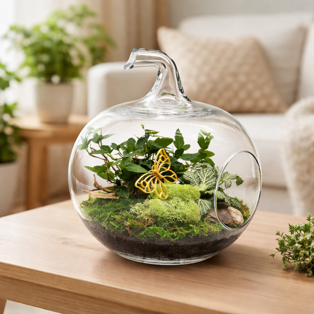Otvorené rastlinné terárium FOREST APPLE YELLOW – sklenené jablko s fitóniou a brečtanom