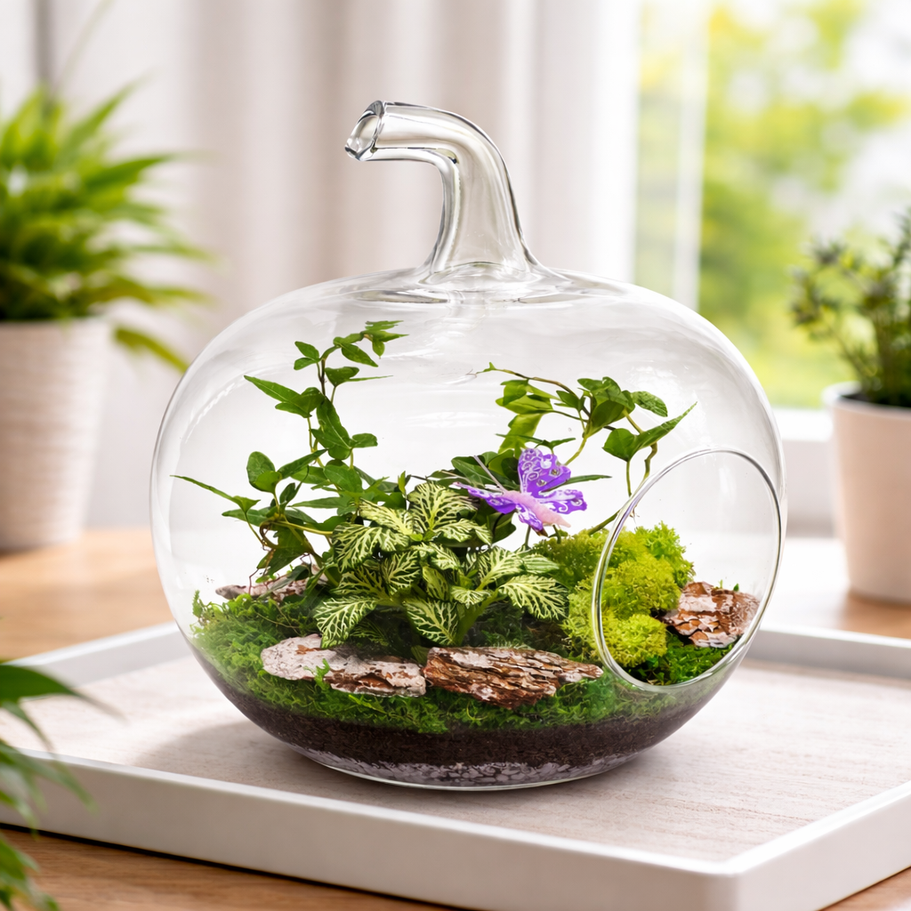 Otvorené rastlinné terárium FOREST APPLE VIOLET – sklenené jablko s fitóniou a brečtanom
