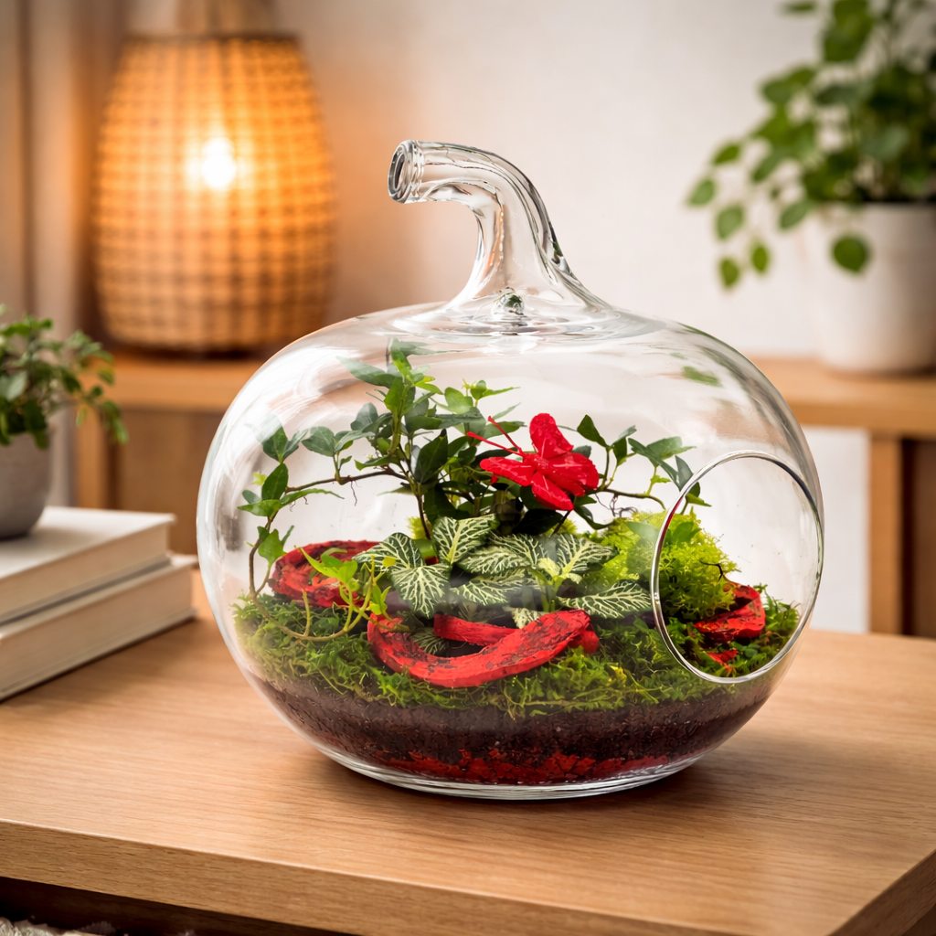 Otvorené rastlinné terárium FOREST APPLE RED – sklenené jablko s fitóniou a brečtanom