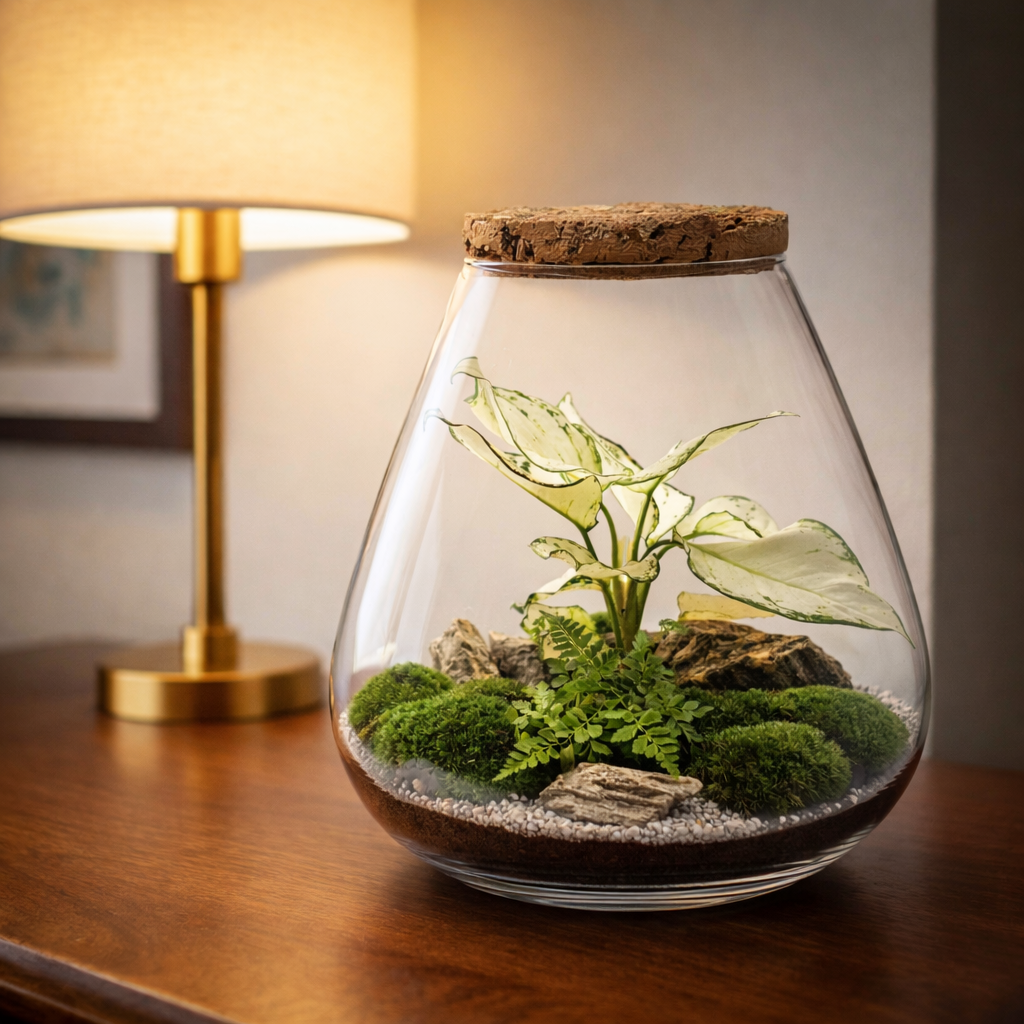 Rastlinné terárium STONE RED 40 cm – veľký les v skle s Aglaonema Red, papraďou a živým machom