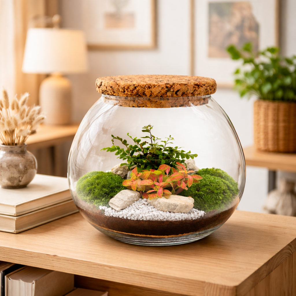 Rastlinné terárium SUNSET RED 25 cm v interiéri – biosféra v skle s fitóniou Skeleton, papraďou a živým machom