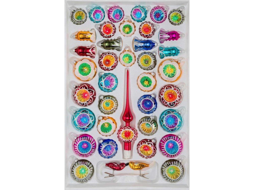 Luxusná sada sklenených vianočných ozdôb Vintage – 39 ručne fúkaných ozdôb s retro efektom, vrátane gulí, vtáčikov a špice na stromček