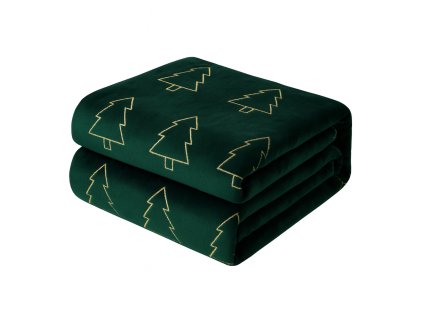 Vianočná smaragdová deka so zlatými stromčekmi – mäkká hrejivá prikrývka na zimu