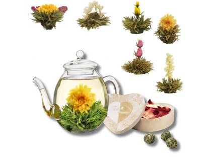 Kvitnúce biele čaje v sklenenej kanvici so srdiečkovým boxom – darčeková sada 6 ks čajových kvetov