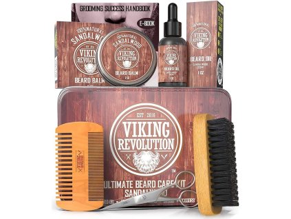Obsah pánskej grooming sady na bradu Viking Revolution so santalovým olejom a balzamom