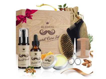 Darčeková sada na starostlivosť o bradu pre mužov s olejom, balzamom, šampónom, nožnicami, hrebeňom a kefou