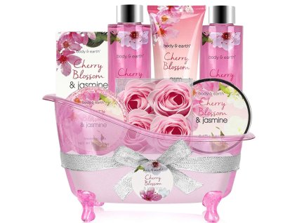 Darčeková kúpeľová sada Cherry Blossom & Jasmine pre ženy s penou do kúpeľa, sprchovým gélom, telovým mliekom a mydlom