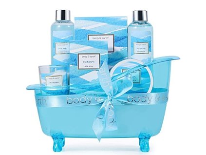Wellness darčeková sada Ocean pre ženy s telovým mliekom, sprchovým gélom, kúpeľovou soľou a sviečkou v modrej vaničke
