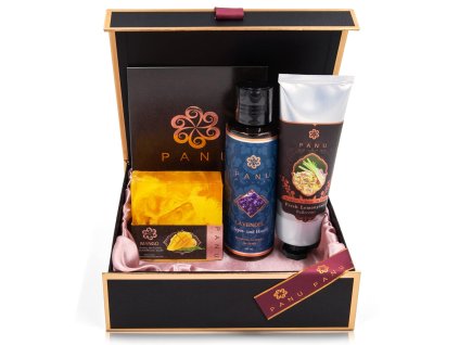 Luxusná wellness darčeková sada PANU Natural Medium s prírodnou kozmetikou – mango mydlo, levanduľový olej a krém z citrónovej trávy