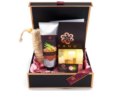 Luxusná darčeková wellness sada PANU Small s kokosovým mydlom, krémom s citrónovou trávou a prírodnými doplnkami v elegantnej krabičke