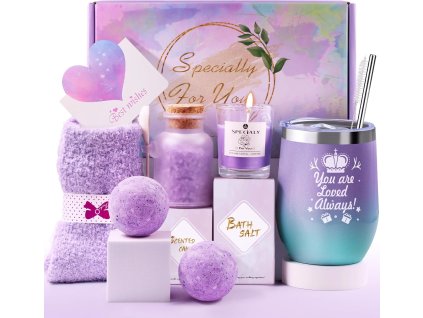 Luxusná levanduľová wellness darčeková sada pre ženy s termohrnčekom, sviečkou, kúpeľovou soľou a bombami