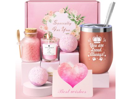 Ružový spa gift box pre ženy s termohrnčekom You are Loved, kúpeľnými bombami a sviečkou ako darček
