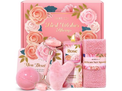 Obsah darčekovej spa sady Rose – sviečka, masážne pomôcky, kúpeľná bomba a africká sieťovaná hubka