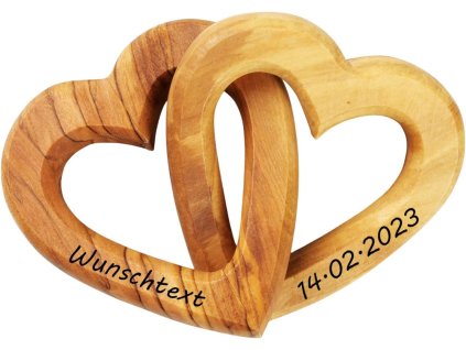 Drevené spojené srdcia z olivového dreva – dekorácia a personalizovaný darček lásky
