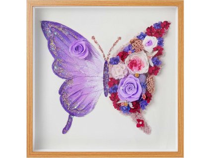 Večný kvetinový obraz motýľ z pravých ruží a hortenzií v drevenom ráme 30 × 30 cm