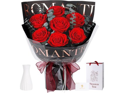 Večná luxusná kytica z pravých červených ruží s vázou, darčekové balenie a blahoželanie