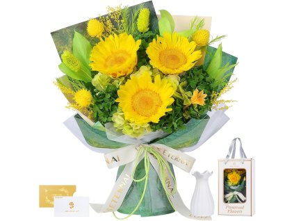 Večná luxusná kytica zo slnečníc na bielom pozadí s darčekovým balením a vázou