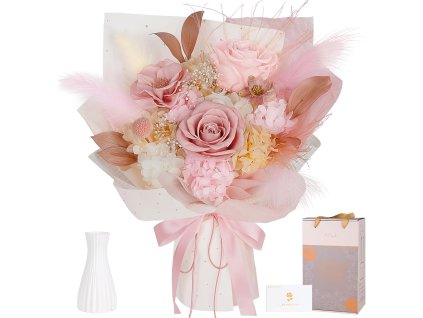 Večná luxusná kytica z pravých ruží a hortenzií s vázou – darčekové balenie s kartičkou