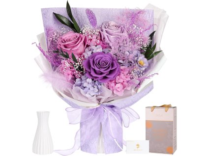 Večná luxusná kytica z pravých ruží a hortenzií s vázou – darčekové balenie s kartičkou