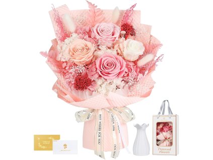 Večná luxusná kytica z pravých ruží a hortenzií s vázou – darčekové balenie s kartičkou