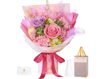 Večná luxusná kytica z pravých ruží a hortenzií s vázou – darčekové balenie s kartičkou