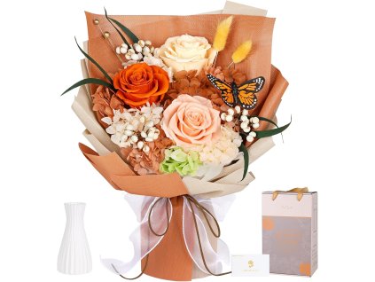 Večná luxusná kytica z pravých ruží a hortenzií s vázou – darčekové balenie s kartičkou