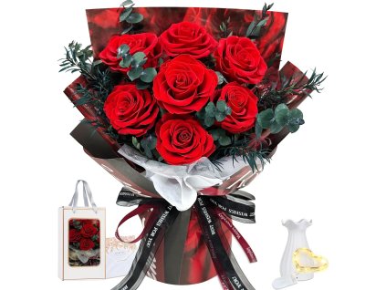 Detail pravých stabilizovaných červeno-bordových ruží vo večnej luxusnej kytici