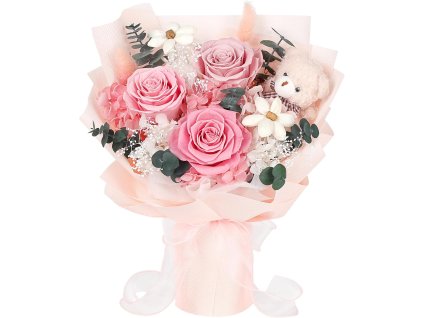 Večná luxusná kytica z pravých ruží a hortenzií s medvedíkom – detail aranžmánu a kvetov