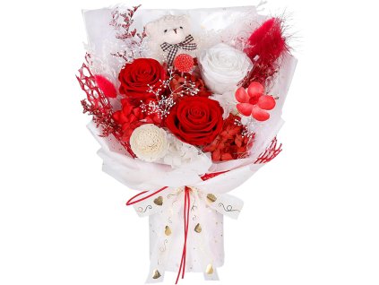 Večná luxusná kytica z pravých ruží a hortenzií s medvedíkom – detail aranžmánu a kvetov