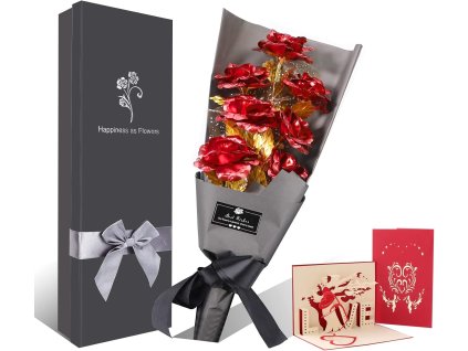 Luxusná darčeková kytica z kovových ruží s darčekovou krabicou a 3D blahoželaním