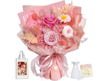 Večná luxusná kytica z pravých ruží a hortenzií s vázou a LED osvetlením – kompletný darčekový set