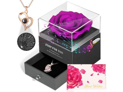 Luxusná darčeková krabička s večnou fialovou ružou a hudobným boxom