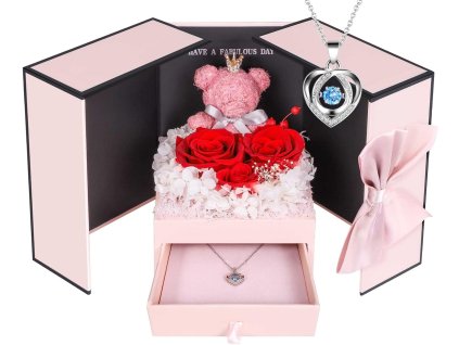 Luxusná darčeková krabička s večnými červenými ružami a strieborným náhrdelníkom