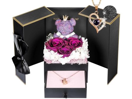 Obsah darčekovej krabičky – večné ruže, machový medvedík, zlatý náhrdelník a darčeková karta