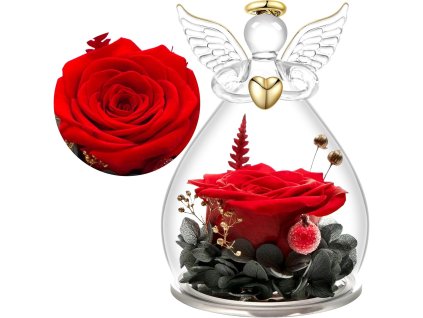 Detail červenej večnej ruže pod skleneným krytom so skleneným anjelom – stabilizovaná ruža