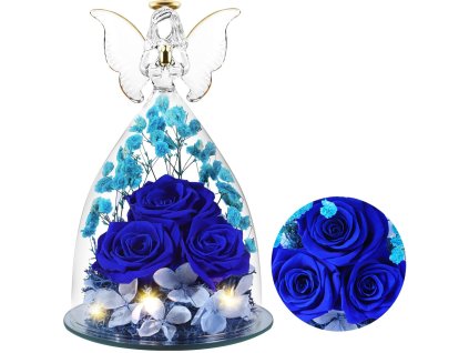 Sklenený anjel s kráľovsky modrými večnými ružami a LED osvetlením – luxusná dekorácia ako darček pre ženu