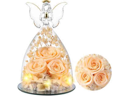 Anjel večných ruží v champagne farbe s jemným LED svetlom – romantická dekorácia do interiéru