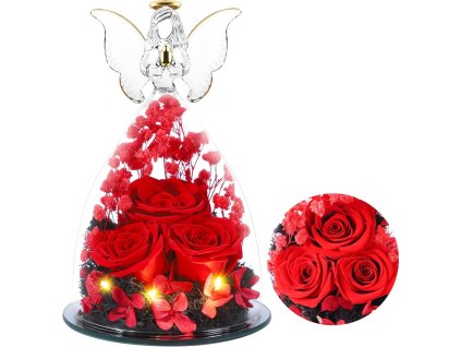 Anjel večných ruží v červenej farbe s jemným LED svetlom – romantická dekorácia do interiéru