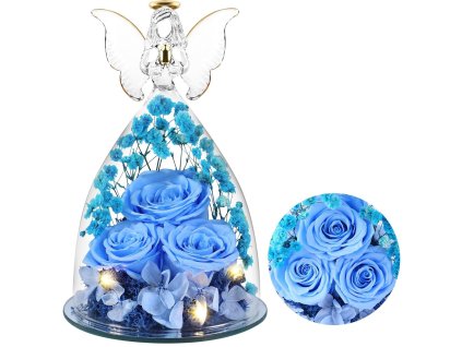 Sklenený anjel s modrými večnými ružami a LED osvetlením – luxusná dekorácia ako darček pre ženu