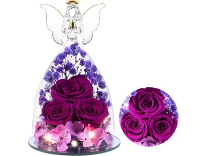 Sklenený anjel s fialovými večnými ružami a LED osvetlením – luxusná dekorácia ako darček pre ženu