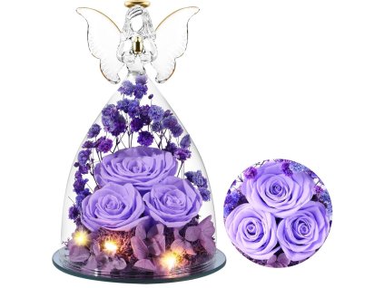 Sklenený anjel s levanduľovými večnými ružami a LED osvetlením – luxusná dekorácia ako darček pre ženu
