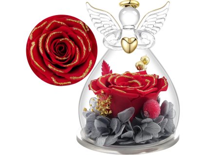 Sklenený anjel s červenou večnou ružou so zlatým zdobením – darček pre ženu