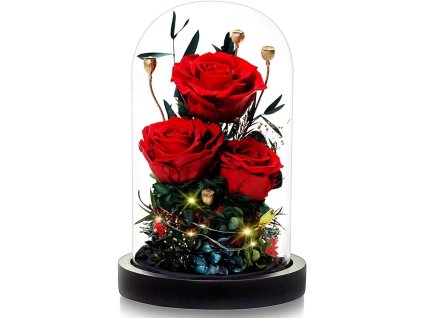 Večná kytica z troch červených ruží v skle s LED osvetlením