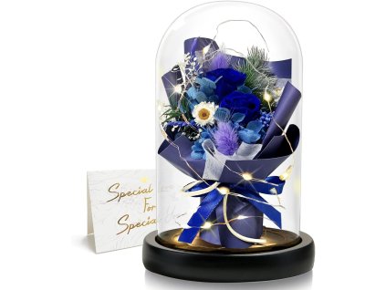 Romantická večná kytica v skle s LED osvetlením – modrá verzia, stabilizované kvety