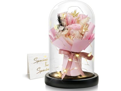 Romantická večná kytica v skle s LED osvetlením – ružová, darček pre ženu