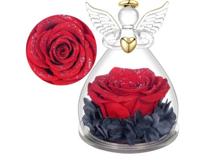 Sklenený anjel s červenou večnou ružou – detail stabilizovaného kvetu