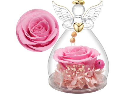 Sklenený anjel s ružovou večnou ružou ako romantický darček pre ženu