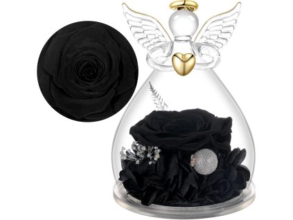Sklenený anjel s čiernou večnou ružou ako elegantná interiérová dekorácia
